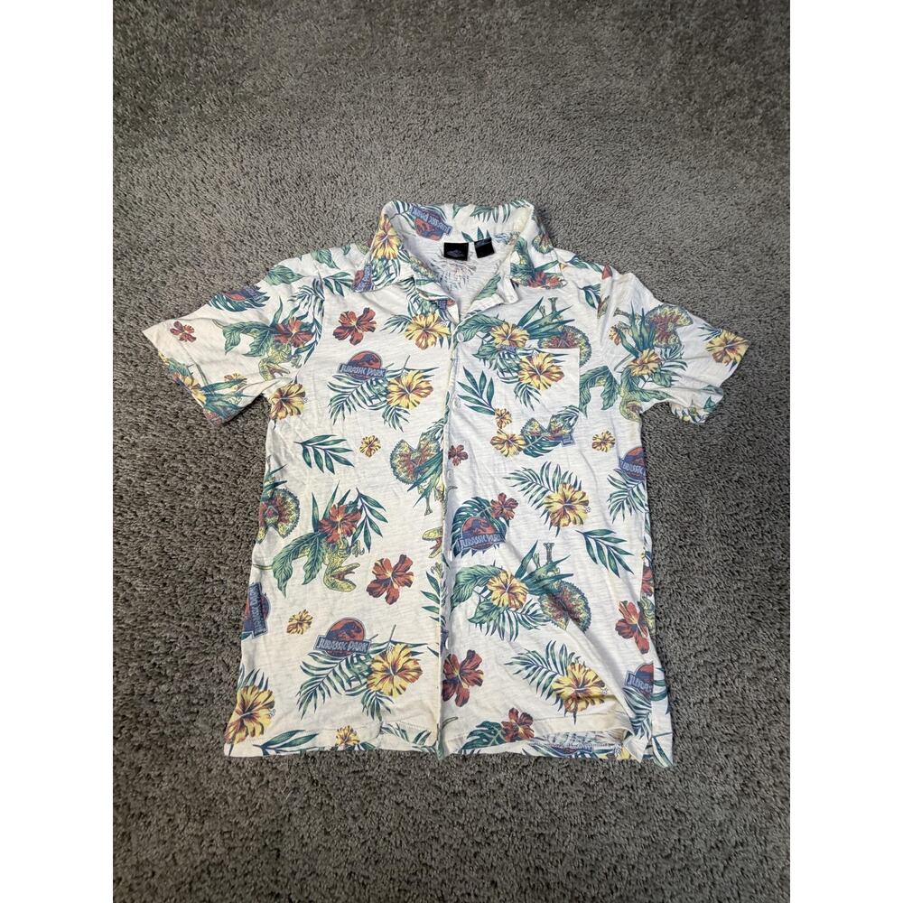 Jurassic World Shirt Mens S White Jersey Cotton Floral Short Sleeve Button Up